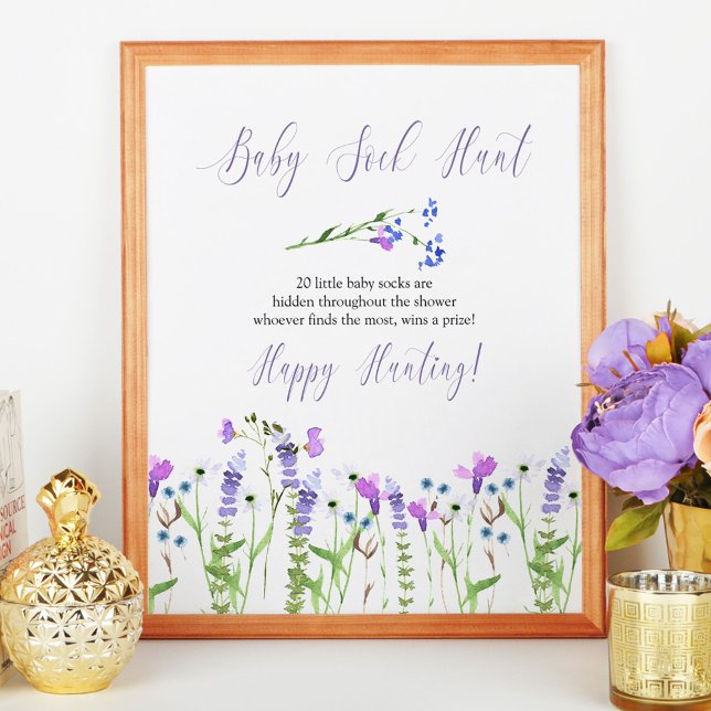Baby Sock Hunt Lila WildblomBaby Shower Game Poster (Baby Shower game sign from my Purple Wildflower Collection. Order printed or as a printable)