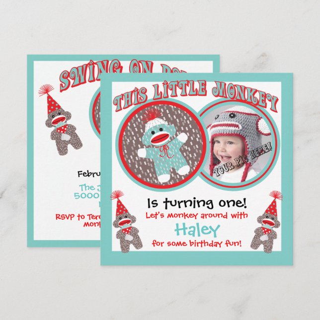 Baby Sock monkey Födelsedagsfest inbjudan (Fram/baksida)