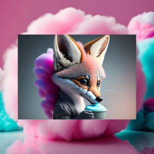 Baby, söt, tecknad grått Fox, som äter bomullsgodi Vykort