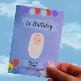 Baby-spel färgade himlar 1:a födelsedagen inbjudningar