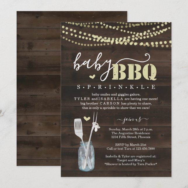 Baby Sprinkle BBQ - Couppes Baby Q Barbeque Inbjudningar (Fram/baksida)