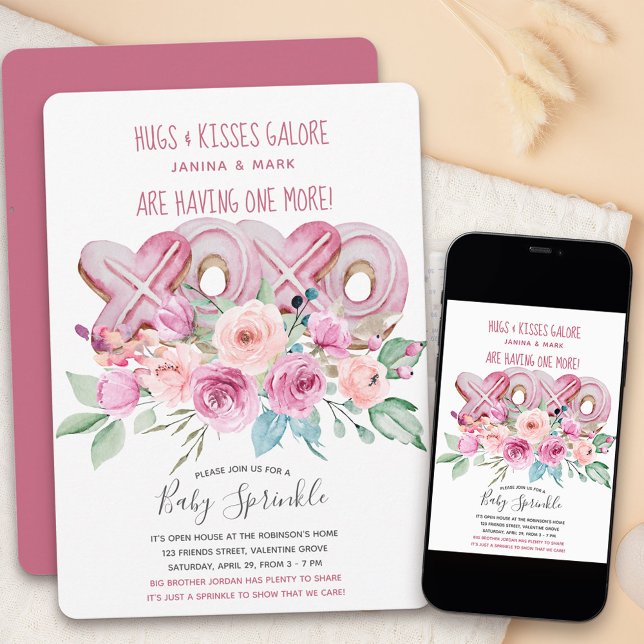Baby Sprinkle Blommig XOXO Söt Flickor Shower Inbjudningar (XOXO baby sprinkle invitation with cute poem cookies and flowers)