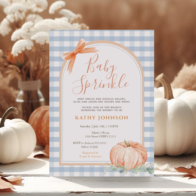 Baby Sprinkle Blue Gingham Pumpkin Baby Shower Inbjudningar (Skapare uppladdad)