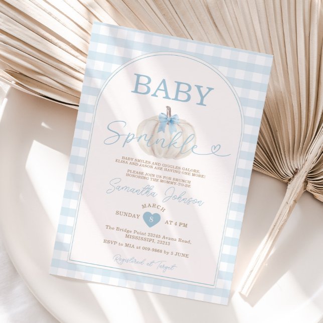 Baby Sprinkle Blue Gingham White Pumpkin Inbjudningar (Skapare uppladdad)