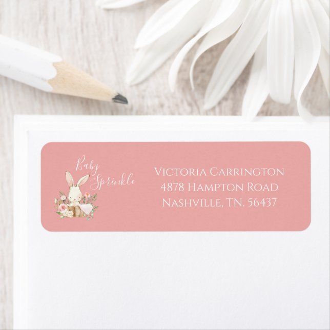 Baby Sprinkle Bunny Rosa Baby Shower Returadress Etikett (Insitu)