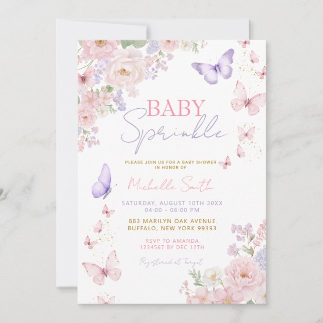Baby Sprinkle Butterfly Mjuk Blommig Bebis Shower Inbjudningar (Framsida)