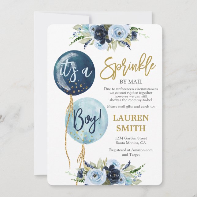 Baby Sprinkle by Mail Navy Blue-ballongduschpojke Inbjudningar (Framsida)