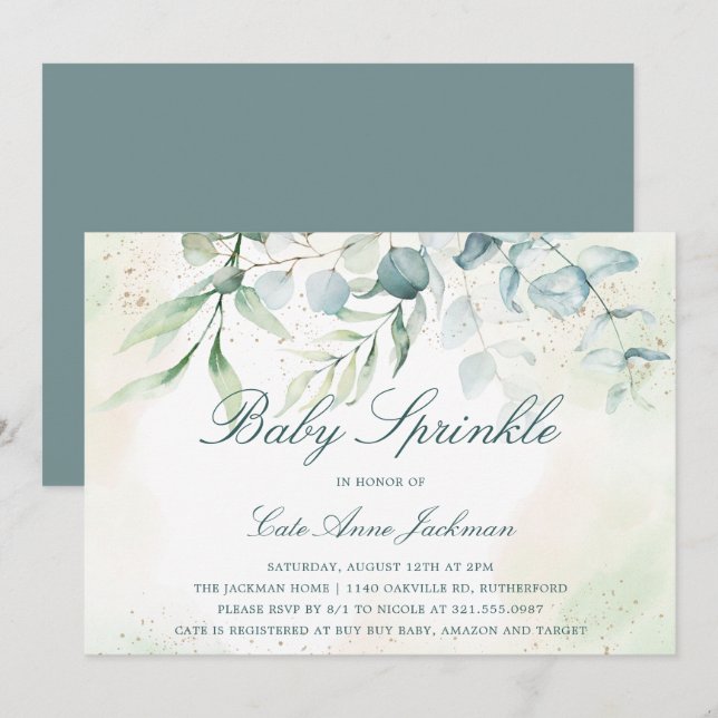 Baby Sprinkle Gender Neutral Eucalyptus Greenery Inbjudningar (Fram/baksida)