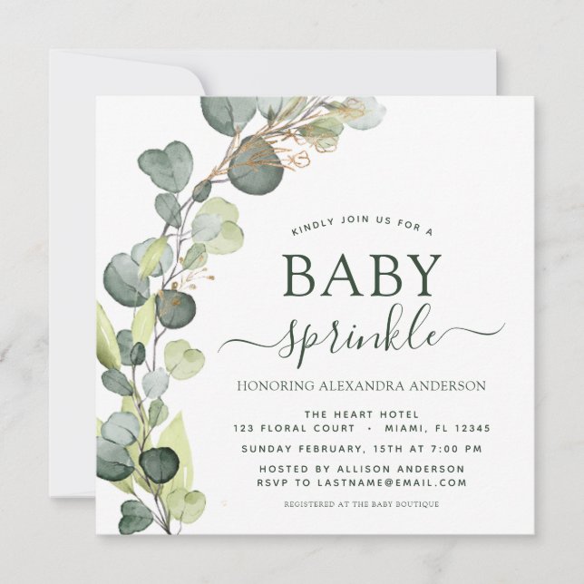 Baby Sprinkle Greenery Eucalyptus Succulent Inbjudningar (Framsida)