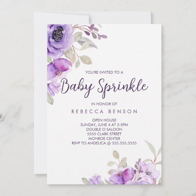 Baby Sprinkle Inbjudan Lila Blommig Design (Framsida)