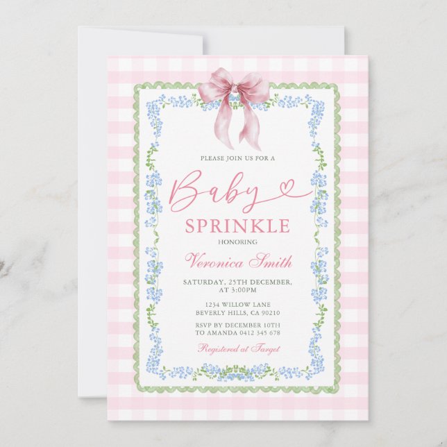 Baby Sprinkle Inbjudan Rosa Gingham Blommig Slinga (Framsida)