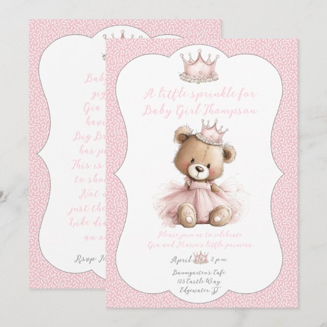 Baby Sprinkle Invitation Teddy Bear Princess Inbjudningar (Fram/baksida)