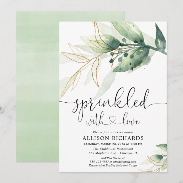 Baby sprinkle könsneutrala gröna grönten guld inbjudningar (Fram/baksida)