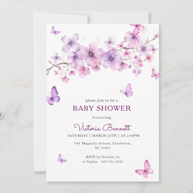 Baby Sprinkle Lila Lavendel Fjäril Bröllopsdusch Inbjudningar (Framsida)