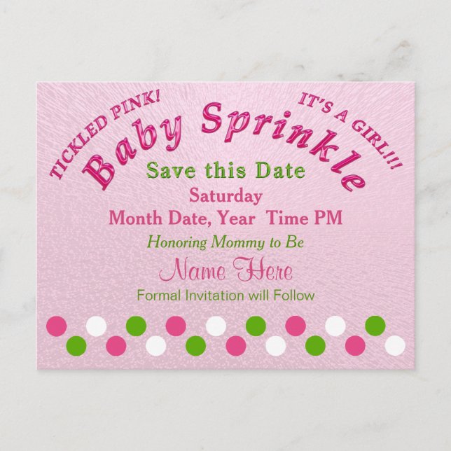 Baby Sprinkle Party Ideas, spara datumpostkortet Meddelande Vykort (Framsida)
