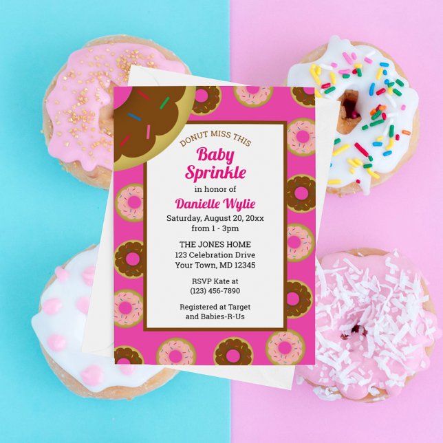 Baby Sprinkle Retro Sprinkled Donuts Shock rosa Inbjudningar (Skapare uppladdad)