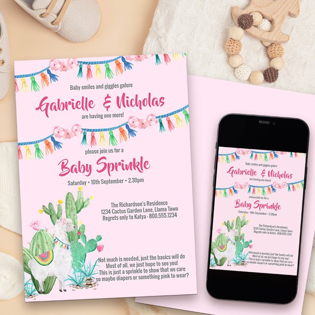 Baby Sprinkle Rosa Llama Baby Shower Inbjudningar (Cute llama and fiesta themed girls baby sprinkle invitation)