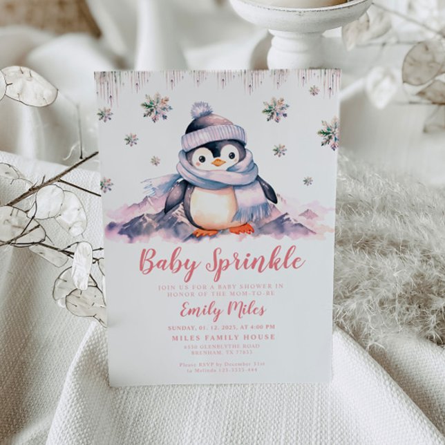 Baby Sprinkle, Rosa Penguin-inbjudan för babyskor Inbjudningar (Skapare uppladdad)