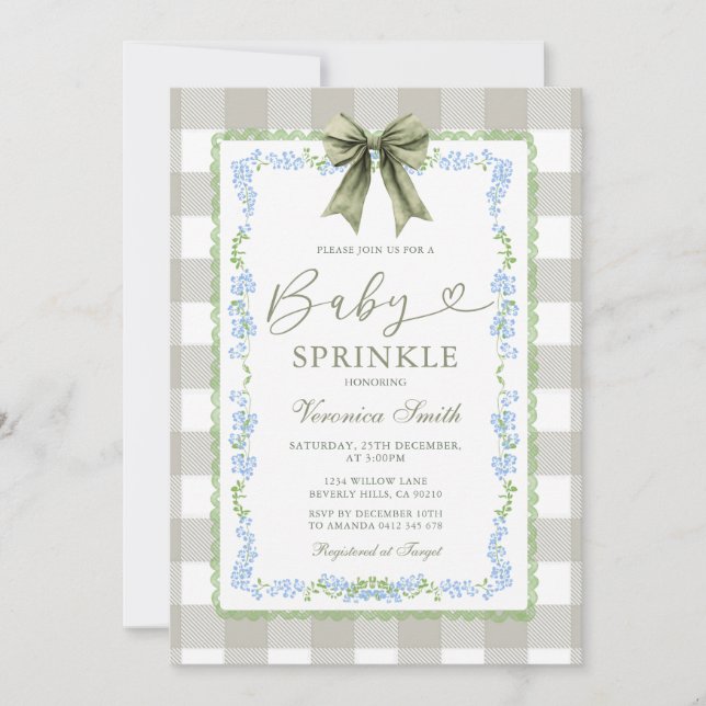 Baby Sprinkle Sage Gingham Floral Bow Invitation  Inbjudningar (Framsida)
