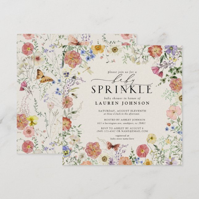Baby Sprinkle Shower för pressad Wildblomma Blommi Inbjudningar (Fram/baksida)