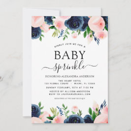 Baby Sprinkle Shower Navy Blue  Rosa Blommigt Inbjudningar