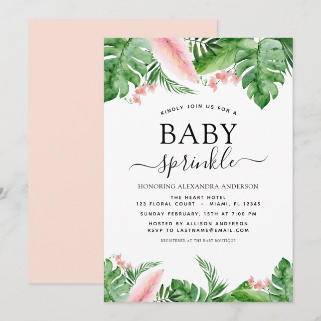 Baby Sprinkle Shower Tropical Handflatan Blommigt Inbjudningar (Fram/baksida)
