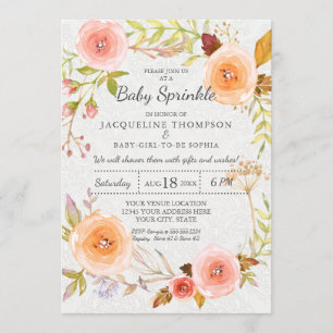 Baby Sprinkle Typografi Vattenfärg Blommig Krans Inbjudningar