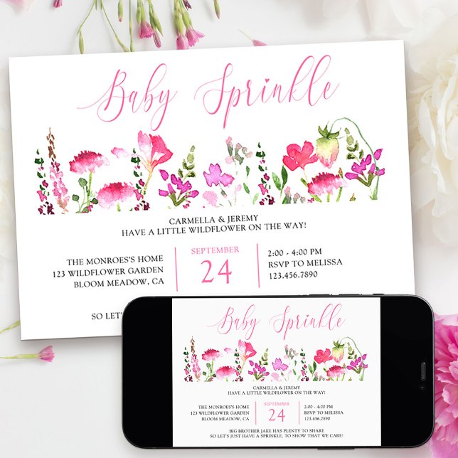 Baby Sprinkle Vacker Rosa Vildblomma Inbjudan (Baby Sprinkle Little Wildfower Baby Shower Invitation from my Pink Wildflower Collection)