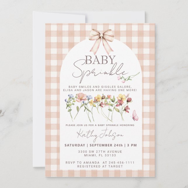 Baby Sprinkle Vildblomma Neutral Gingham Inbjudningar (Framsida)