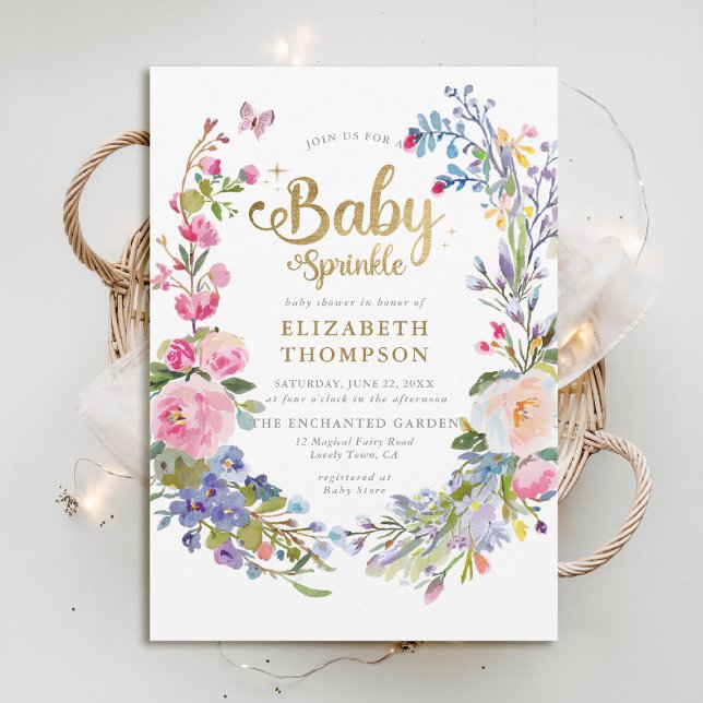 Baby Sprinkle Wildblommor Whimsical Baby Shower Inbjudningar (baby sprinkle baby shower invitation enchanted garden woodland forest spring summer whimsical floral)
