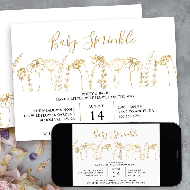 Baby Sprinkle Wildflower Guld Sketch Barnkalas Inbjudningar (little wildflower sprinkle invitation in gold and white - message me to create additional templates)