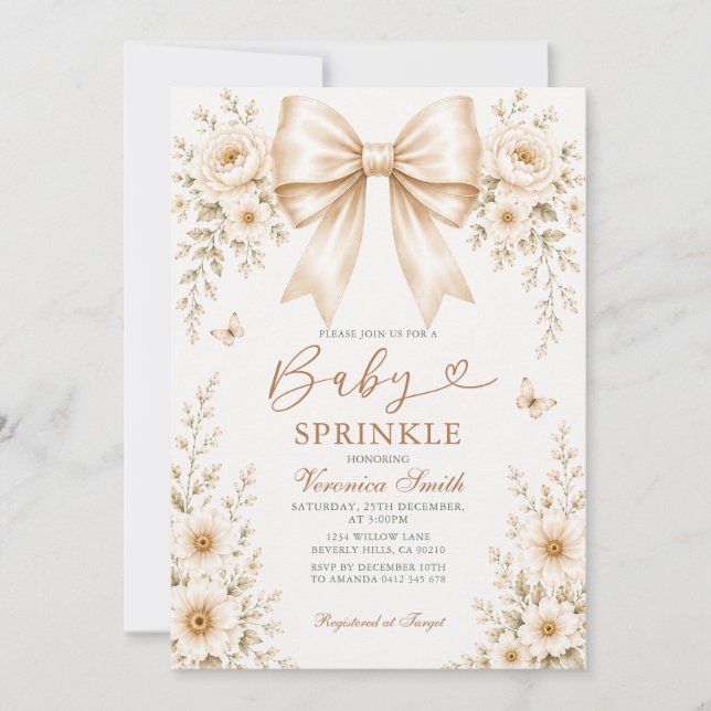 Baby Sprinkle Wildflowers Champagne Bow coquette Inbjudningar (Framsida)