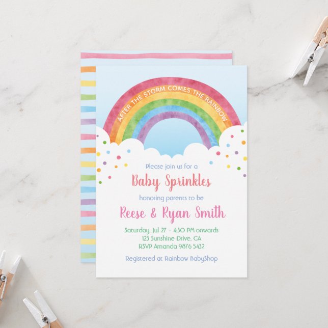 Baby Sprinkles Pastel Rainbow Baby Shower Invati Inbjudningar (Fram/Back In Situ)