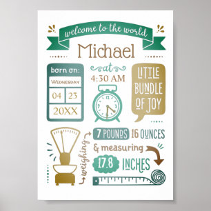Baby Stats Birth Announcement Tan Teal Turcos Poster
