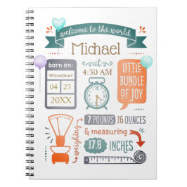 Baby Stats Birth Announcement Teal Blue, Orange Anteckningsbok