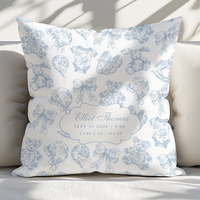 Baby Stats Blue Toile Nursery Kudde (Skapare uppladdad)