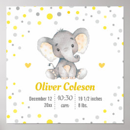 Baby Stats Elephant Gult Grått Polka Dot Nursery Poster