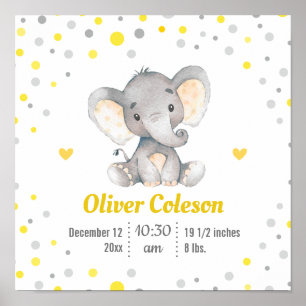 Baby Stats Elephant Gult Grått Polka Dot Nursery Poster