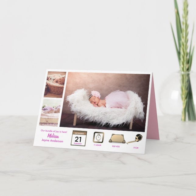 Baby STATS GIRL s BIRTH ANNOUNCEMENT PHOTO COLLAGE Kort (Framsida)
