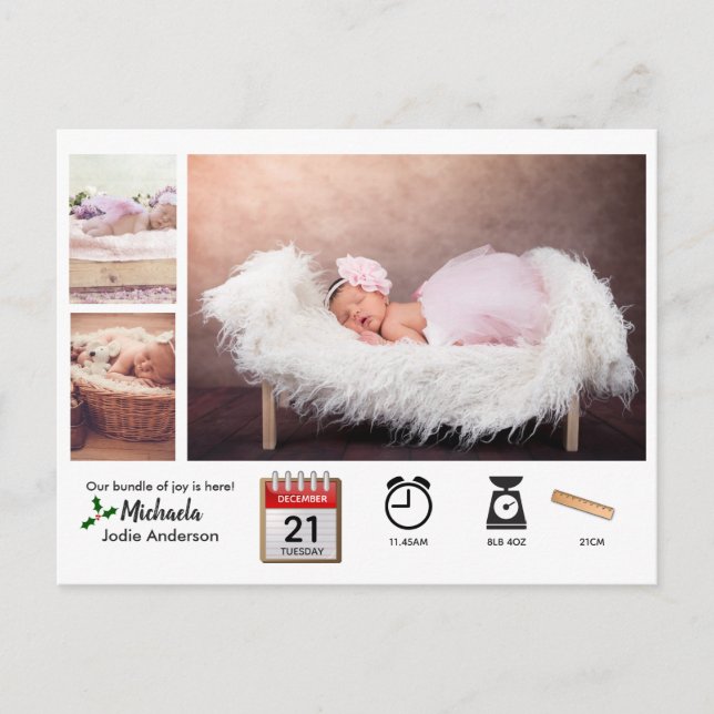 BABY STATS ICONS och PHOTO JULAFTON Birth Notice Vykort (Framsida)
