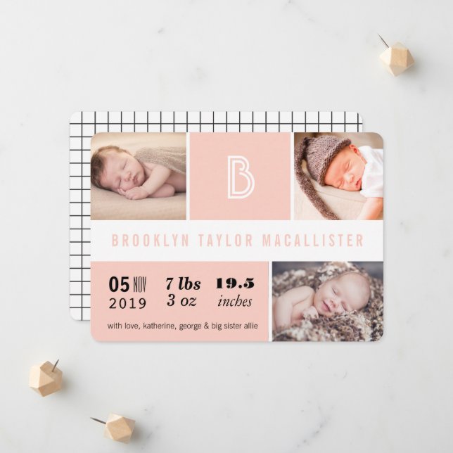 Baby Stats Monogram Rosa Färg Blocks Fotofödelse Meddelande (Fram/Back In Situ)
