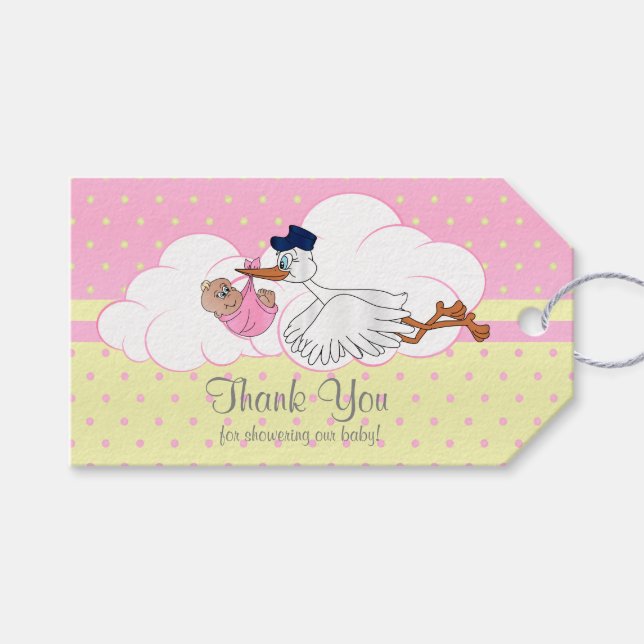 Baby Stork Flicka Baby Shower Tack Presentetikett (Framsidan (Horisontell))