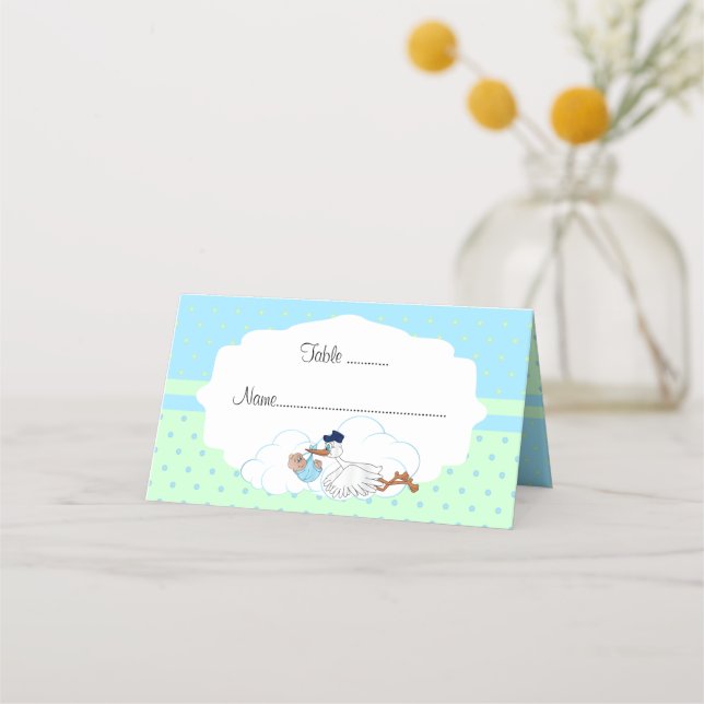 Baby Stork Pojke Baby Shower Placeringskort (Framsida)