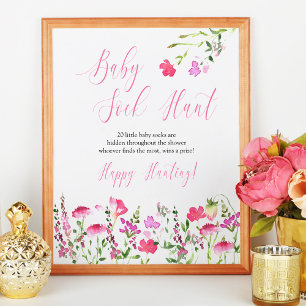 Baby Strumpjakt Rosa Wildflower Baby Shower Game Poster