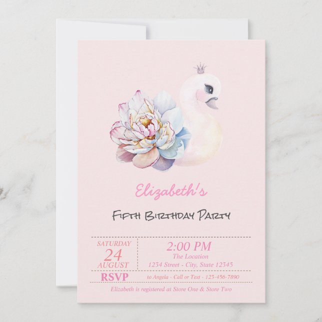 Baby Svan Blomma Rosa Födelsedag Inbjudningar (Framsida)