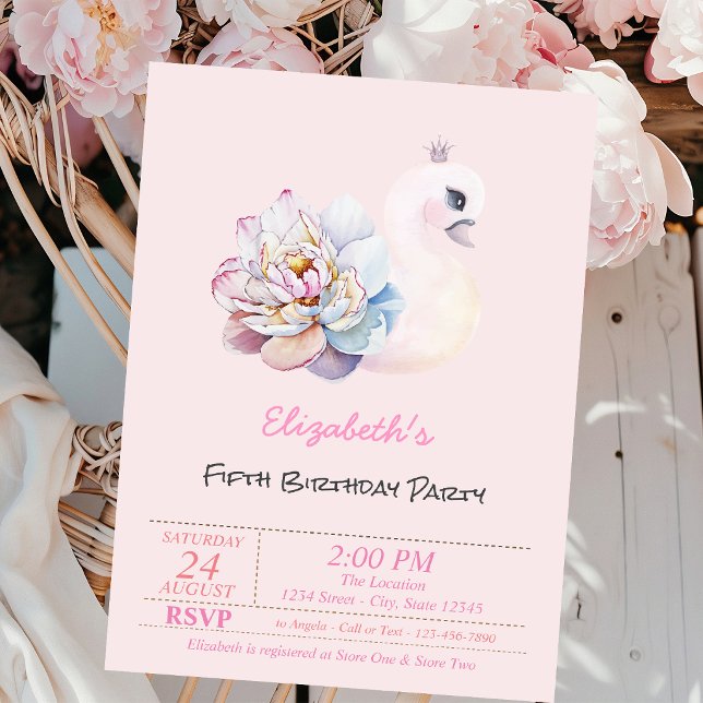 Baby Svan Blomma Rosa Födelsedag Inbjudningar (Skapare uppladdad)