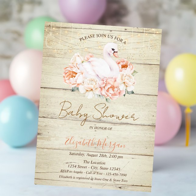 Baby Svan Blommor Wood Struktur Baby Shower Inbjudningar (Skapare uppladdad)