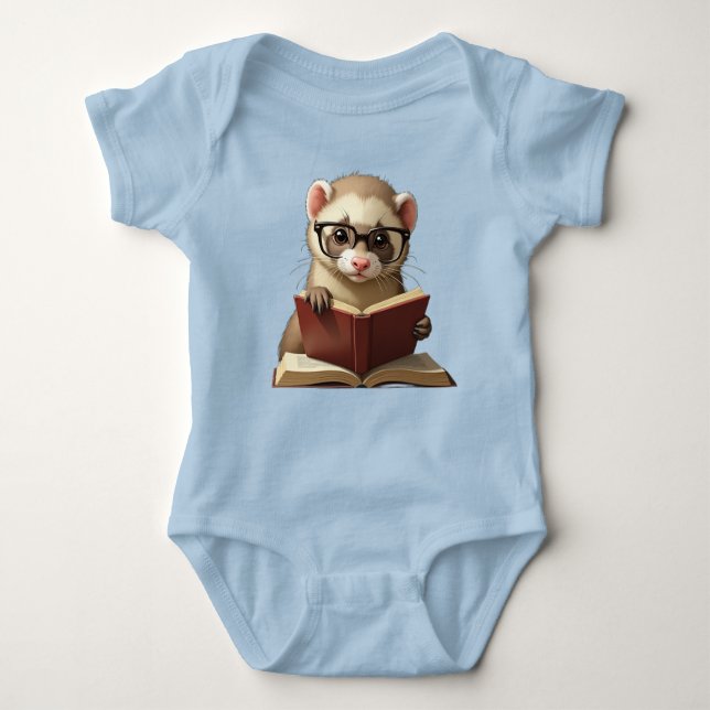 Baby T-shirt with baby ferret reading a book. (Framsida)
