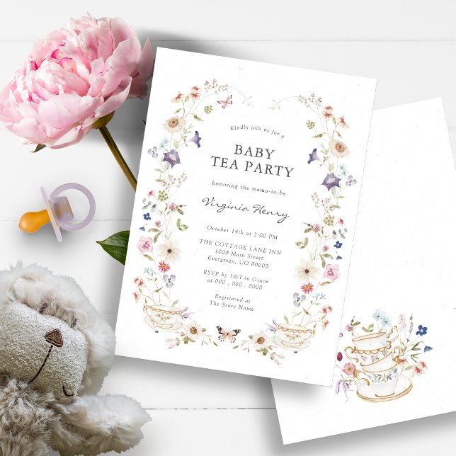 Baby Tea Party Förlossningsfest Inbjudan (Beautiful Wildflower Baby Shower Tea Party Invitation by Painted Paperie)