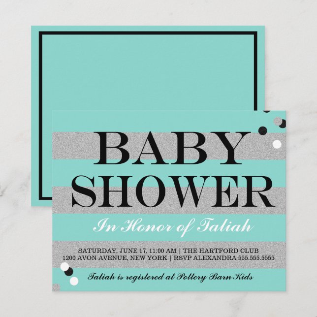 BABY Teal Blue & Silver Sprinkle Shower Party Inbjudningar (Fram/baksida)